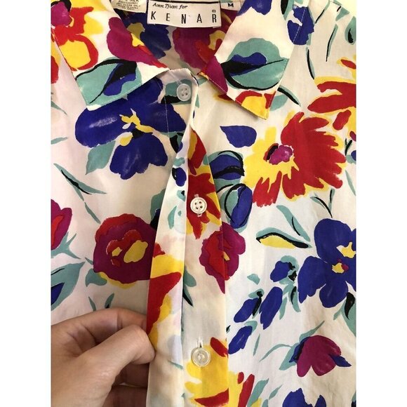 Vintage Ann Tjian for Kenar Shirt Women's M Floral 100% Silk Button-up Colorful - Picture 5 of 7